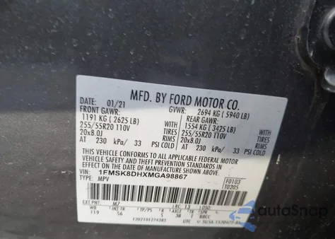 2021 Ford Explorer Xlt из США, поврежденный, VIN 1FMSK8DHXMGA98867